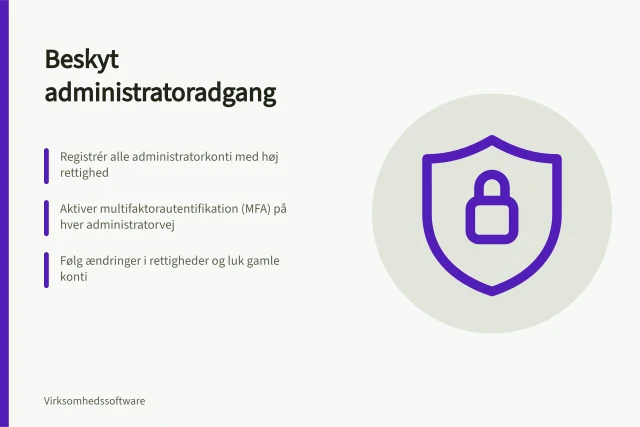 Beskyt administratoradgang: Registrér alle administratorkonti med høj rettighed; Aktiver multifaktorautentifikation (MFA) på hver administratorvej; Følg ændringer i rettigheder og luk gamle konti. Beskyt administratoradgang