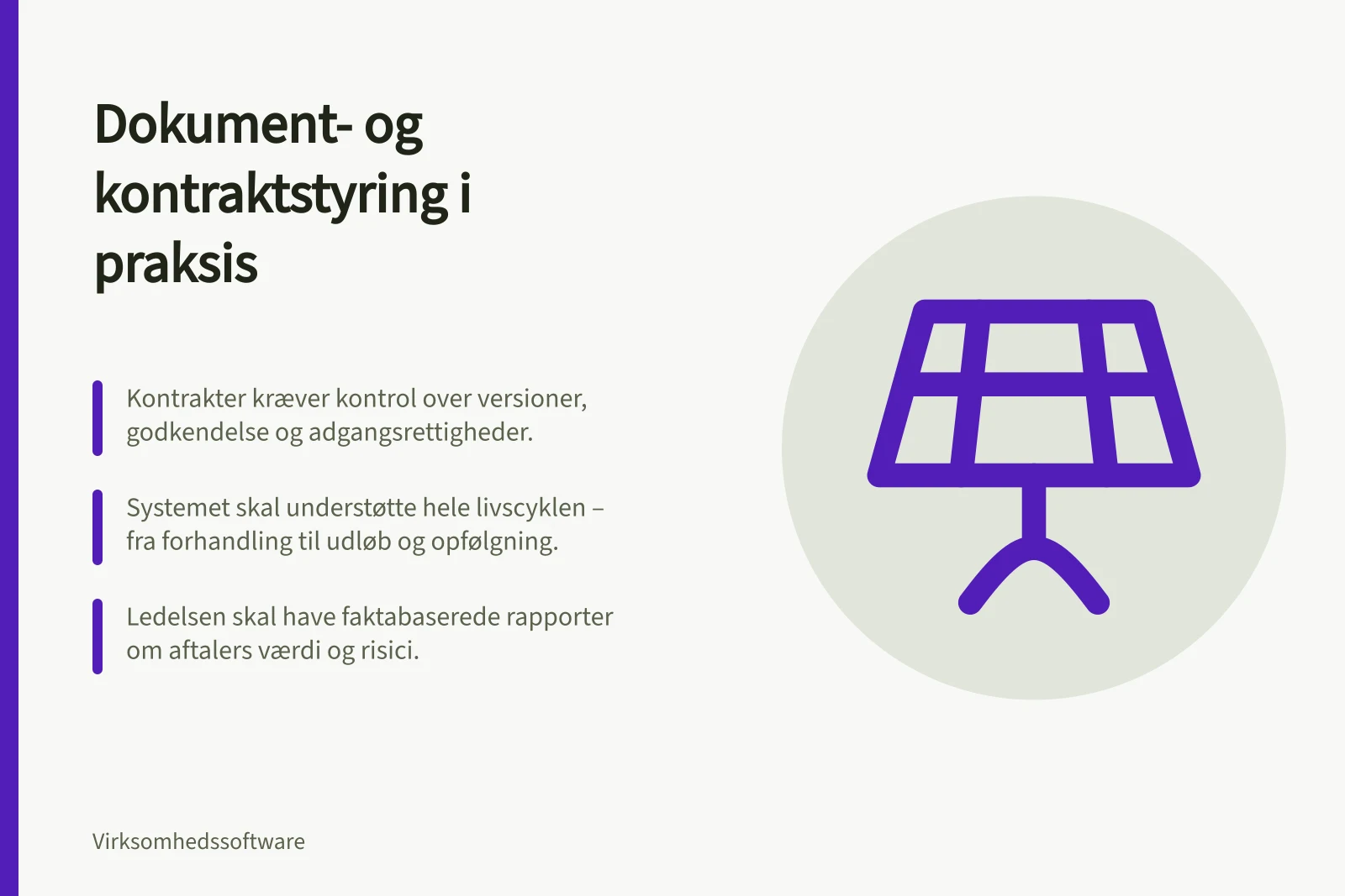 Dokument- og kontraktstyring i praksis: Kontrakter kræver kontrol over versioner, godkendelse og adgangsrettigheder.; Systemet skal understøtte hele livscyklen – fra forhandling til udløb og opfølgning.; Ledelsen skal have faktabaserede rapporter om aftalers værdi og risici.