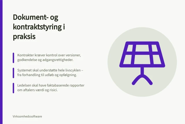 Dokument- og kontraktstyring i praksis: Kontrakter kræver kontrol over versioner, godkendelse og adgangsrettigheder.; Systemet skal understøtte hele livscyklen – fra forhandling til udløb og opfølgning.; Ledelsen skal have faktabaserede rapporter om aftalers værdi og risici. Dokument- og kontraktstyring