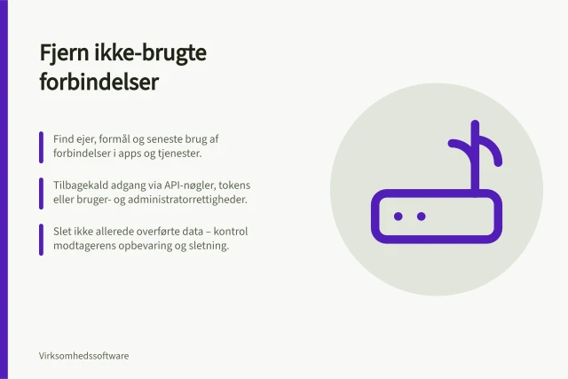 Fjern ikke-brugte forbindelser: Find ejer, formål og seneste brug af forbindelser i apps og tjenester.; Tilbagekald adgang via API-nøgler, tokens eller bruger- og administratorrettigheder.; Slet ikke allerede overførte data – kontrol modtagerens opbevaring og sletning. Fjern forbindelser, der ikke længere bruges