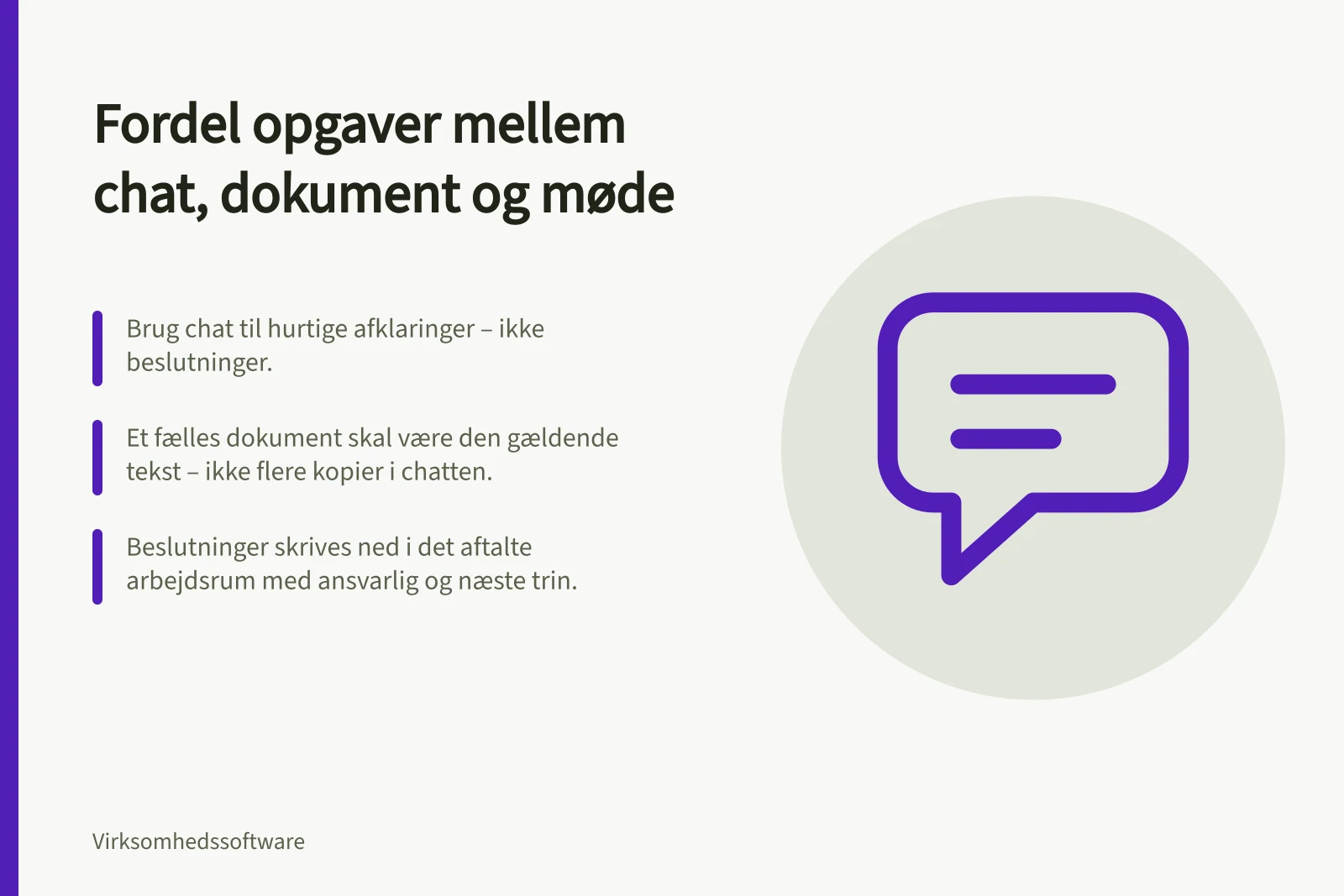 Fordel opgaver mellem chat, dokument og møde: Brug chat til hurtige afklaringer – ikke beslutninger.; Et fælles dokument skal være den gældende tekst – ikke flere kopier i chatten.; Beslutninger skrives ned i det aftalte arbejdsrum med ansvarlig og næste trin.