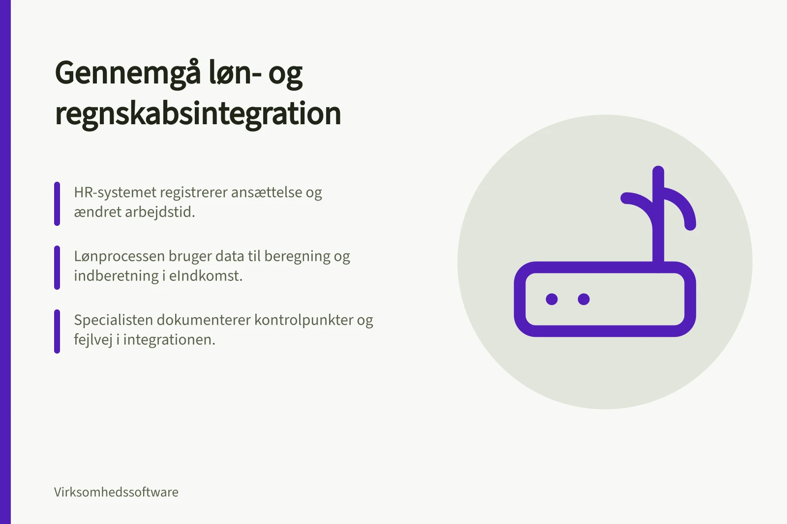 Gennemgå løn- og regnskabsintegration: HR-systemet registrerer ansættelse og ændret arbejdstid.; Lønprocessen bruger data til beregning og indberetning i eIndkomst.; Specialisten dokumenterer kontrolpunkter og fejlvej i integrationen.