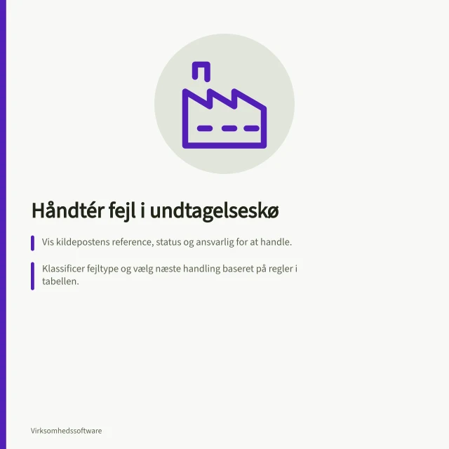 Håndtér fejl i undtagelseskø: Vis kildepostens reference, status og ansvarlig for at handle.; Klassificer fejltype og vælg næste handling baseret på regler i tabellen.; Genbehandl kun efter afklaring af resultat og registrer ændringer i historikken. Håndtér fejl i en synlig undtagelseskø