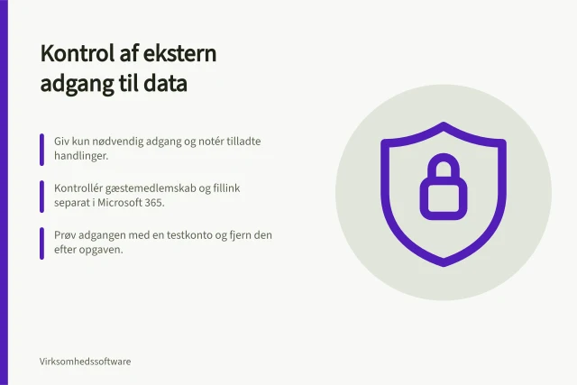Kontrol af ekstern adgang til data: Giv kun nødvendig adgang og notér tilladte handlinger.; Kontrollér gæstemedlemskab og fillink separat i Microsoft 365.; Prøv adgangen med en testkonto og fjern den efter opgaven. Kontrollér adgang for eksterne samarbejdspartnere