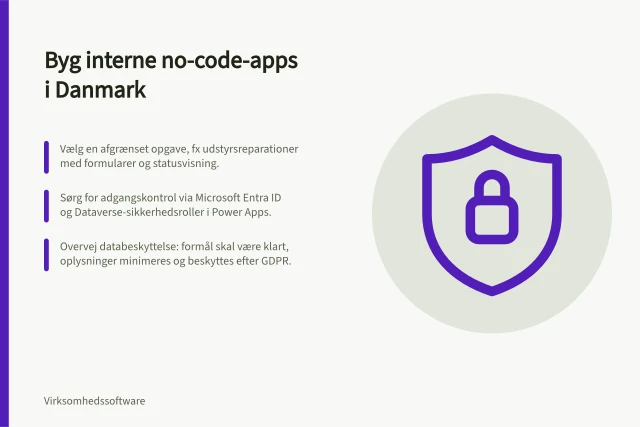 Byg interne no-code-apps i Danmark: Vælg en afgrænset opgave, fx udstyrsreparationer med formularer og statusvisning.; Sørg for adgangskontrol via Microsoft Entra ID og Dataverse-sikkerhedsroller i Power Apps.; Overvej databeskyttelse: formål skal være klart, oplysninger minimeres og beskyttes efter GDPR. No-code-apps