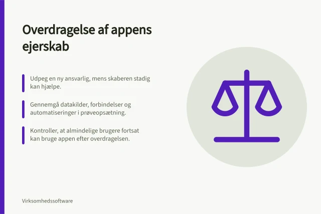 Overdragelse af appens ejerskab: Udpeg en ny ansvarlig, mens skaberen stadig kan hjælpe.; Gennemgå datakilder, forbindelser og automatiseringer i prøveopsætning.; Kontroller, at almindelige brugere fortsat kan bruge appen efter overdragelsen. Planlæg overdragelse, når appens skaber stopper