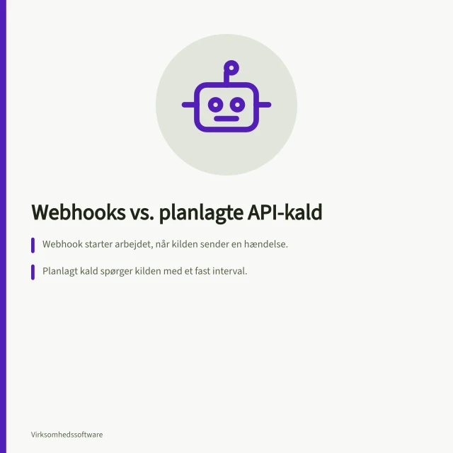 Webhooks vs. planlagte API-kald: Webhook starter arbejdet, når kilden sender en hændelse.; Planlagt kald spørger kilden med et fast interval.; GitHub kræver 2xx-svar inden 10 sekunder for webhooks. Sammenlign webhooks og planlagte API-kald