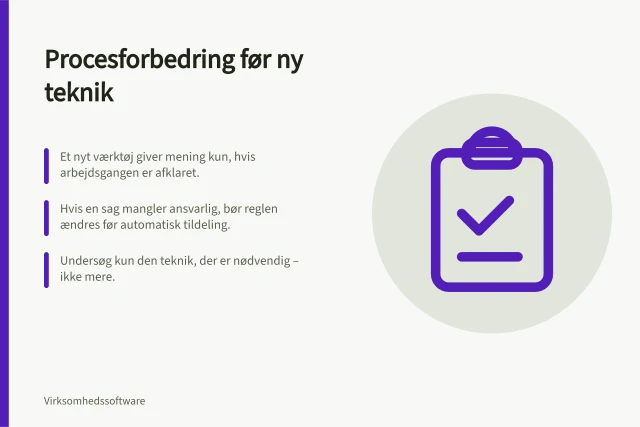 Procesforbedring før ny teknik: Et nyt værktøj giver mening kun, hvis arbejdsgangen er afklaret.; Hvis en sag mangler ansvarlig, bør reglen ændres før automatisk tildeling.; Undersøg kun den teknik, der er nødvendig – ikke mere. Skeln mellem en procesforbedring og et nyt værktøj