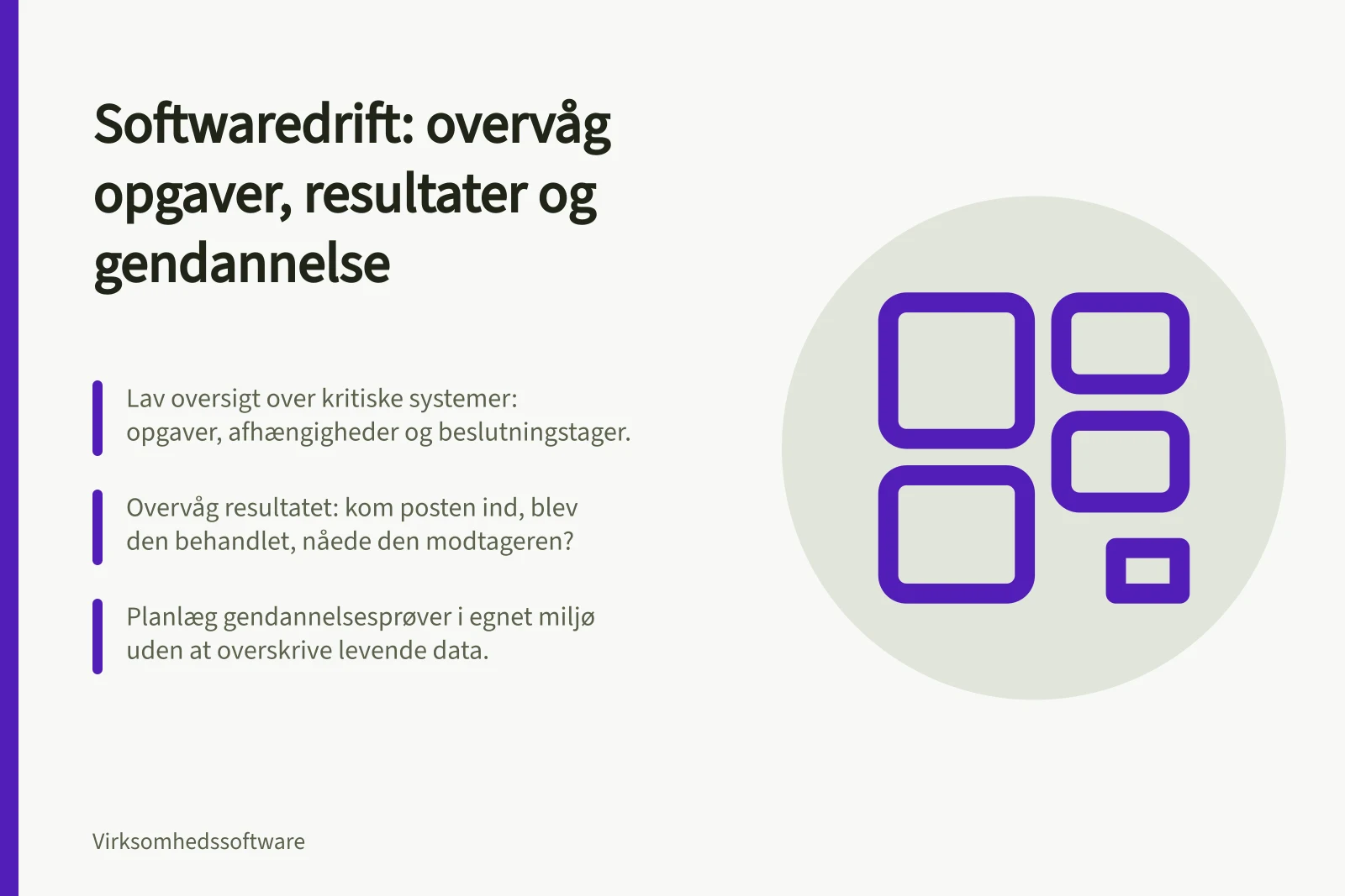 Softwaredrift: overvåg opgaver, resultater og gendannelse: Lav oversigt over kritiske systemer: opgaver, afhængigheder og beslutningstager.; Overvåg resultatet: kom posten ind, blev den behandlet, nåede den modtageren?; Planlæg gendannelsesprøver i egnet miljø uden at overskrive levende data.