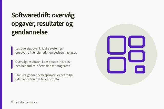 Softwaredrift: overvåg opgaver, resultater og gendannelse: Lav oversigt over kritiske systemer: opgaver, afhængigheder og beslutningstager.; Overvåg resultatet: kom posten ind, blev den behandlet, nåede den modtageren?; Planlæg gendannelsesprøver i egnet miljø uden at overskrive levende data. Softwaredrift og overvågning