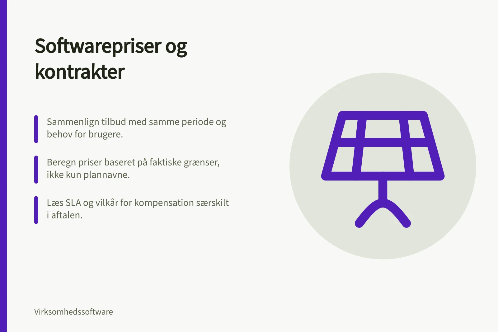 Softwarepriser og kontrakter: Sammenlign tilbud med samme periode og behov for brugere.; Beregn priser baseret på faktiske grænser, ikke kun plannavne.; Læs SLA og vilkår for kompensation særskilt i aftalen.