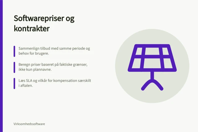 Softwarepriser og kontrakter: Sammenlign tilbud med samme periode og behov for brugere.; Beregn priser baseret på faktiske grænser, ikke kun plannavne.; Læs SLA og vilkår for kompensation særskilt i aftalen. Softwarepriser og kontrakter