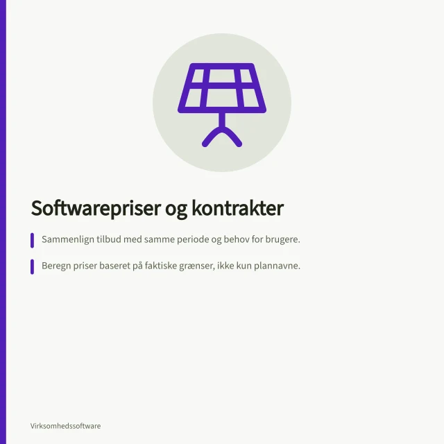 Softwarepriser og kontrakter: Sammenlign tilbud med samme periode og behov for brugere.; Beregn priser baseret på faktiske grænser, ikke kun plannavne.; Læs SLA og vilkår for kompensation særskilt i aftalen. Softwarepriser og kontrakter