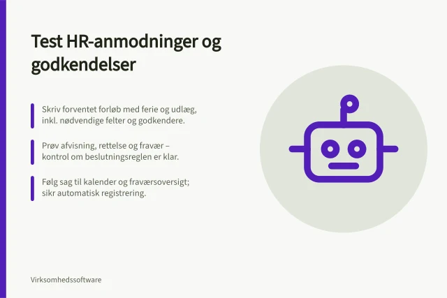 Test HR-anmodninger og godkendelser: Skriv forventet forløb med ferie og udlæg, inkl. nødvendige felter og godkendere.; Prøv afvisning, rettelse og fravær – kontrol om beslutningsreglen er klar.; Følg sag til kalender og fraværsoversigt; sikr automatisk registrering. Test anmodninger og godkendelser