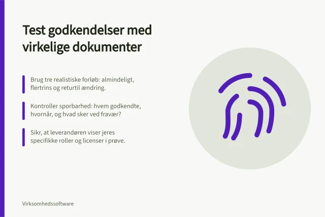 Test godkendelser med virkelige dokumenter: Brug tre realistiske forløb: almindeligt, flertrins og returtil ændring.; Kontroller sporbarhed: hvem godkendte, hvornår, og hvad sker ved fravær?; Sikr, at leverandøren viser jeres specifikke roller og licenser i prøve. Test godkendelser med virkelige dokumenter