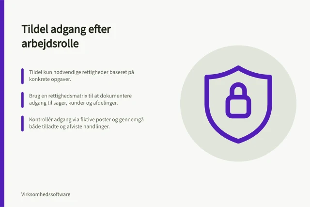 Tildel adgang efter arbejdsrolle: Tildel kun nødvendige rettigheder baseret på konkrete opgaver.; Brug en rettighedsmatrix til at dokumentere adgang til sager, kunder og afdelinger.; Kontrollér adgang via fiktive poster og gennemgå både tilladte og afviste handlinger. Tildel adgang efter arbejdsrolle