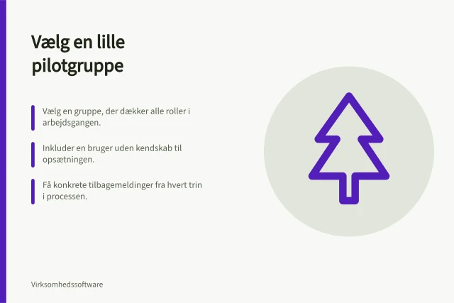 Vælg en lille pilotgruppe: Vælg en gruppe, der dækker alle roller i arbejdsgangen.; Inkluder en bruger uden kendskab til opsætningen.; Få konkrete tilbagemeldinger fra hvert trin i processen. Vælg en lille pilotgruppe