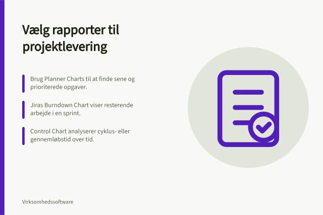 Vælg rapporter til projektlevering: Brug Planner Charts til at finde sene og prioriterede opgaver.; Jiras Burndown Chart viser resterende arbejde i en sprint.; Control Chart analyserer cyklus- eller gennemløbstid over tid. Vælg rapporter, der hjælper projektleveringen