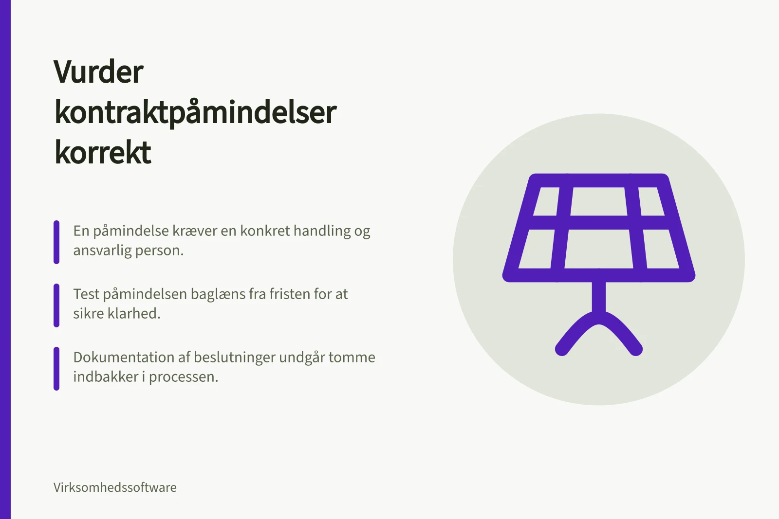 Vurder kontraktpåmindelser korrekt: En påmindelse kræver en konkret handling og ansvarlig person.; Test påmindelsen baglæns fra fristen for at sikre klarhed.; Dokumentation af beslutninger undgår tomme indbakker i processen.