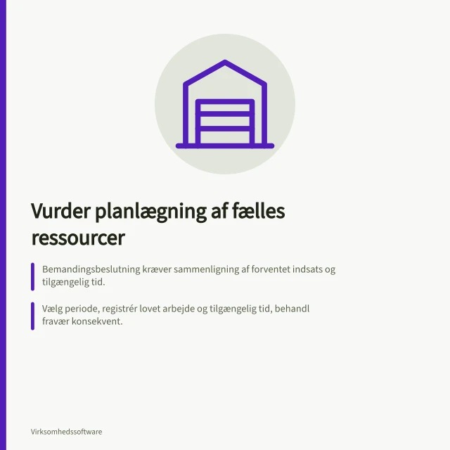Vurder planlægning af fælles ressourcer: Bemandingsbeslutning kræver sammenligning af forventet indsats og tilgængelig tid.; Vælg periode, registrér lovet arbejde og tilgængelig tid, behandl fravær konsekvent.; Flyt én opgave på tværs af projekter og se om belastningen ændres. Vurder planlægning af fælles ressourcer