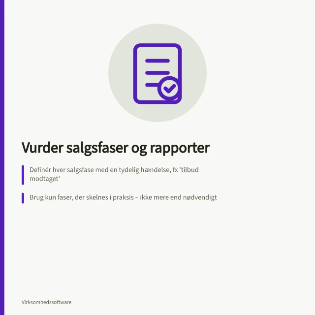 Vurder salgsfaser og rapporter: Definér hver salgsfase med en tydelig hændelse, fx 'tilbud modtaget'; Brug kun faser, der skelnes i praksis – ikke mere end nødvendigt; Kontroller rapporter med eksempler: tjek, om kendte muligheder vises korrekt. Vurder salgsfaser og rapporter